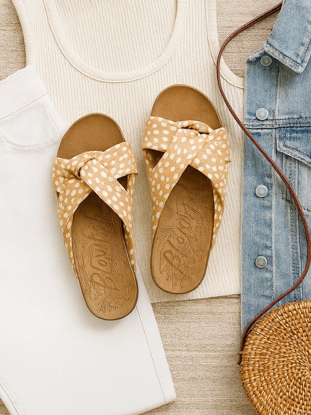 Blowfish Malibu | Knotted Slide Sandals | Tan Polka Dot | Size 11 | Boho Minimal